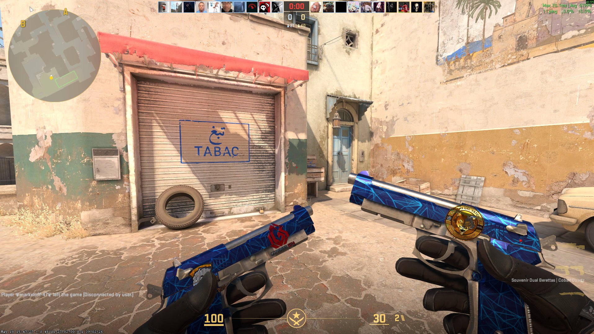 Souvenir Dual Berettas Cobalt Quartz with Katowice 2014 stickers — only 107 known in CS2