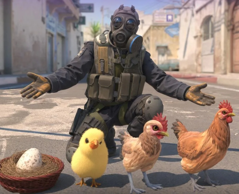 CS2 chicken pets with an egg, a chick and two chickens
