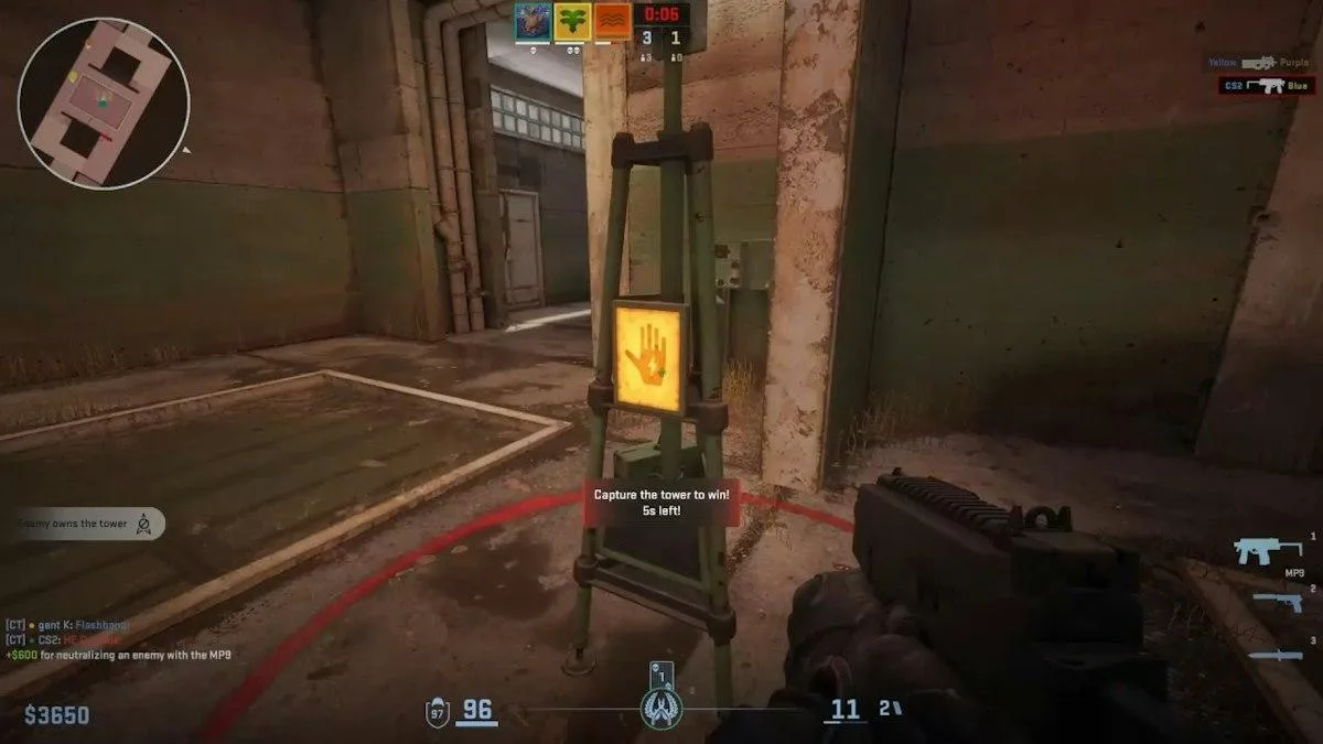CS2 Rush mode tower objective with capture the tower prompt