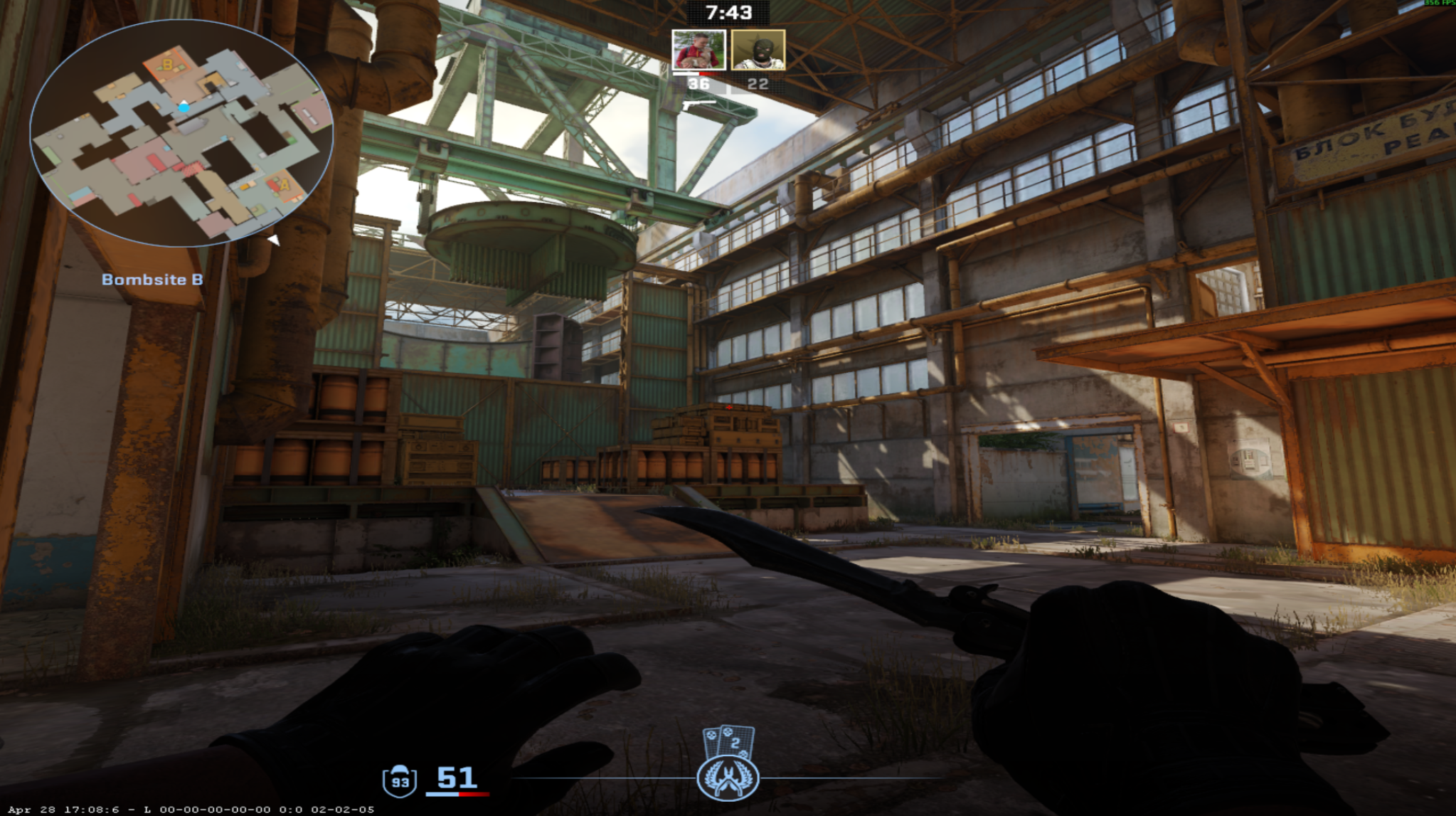 Bombsite B on Cache CS2 with industrial machinery and overhead crane