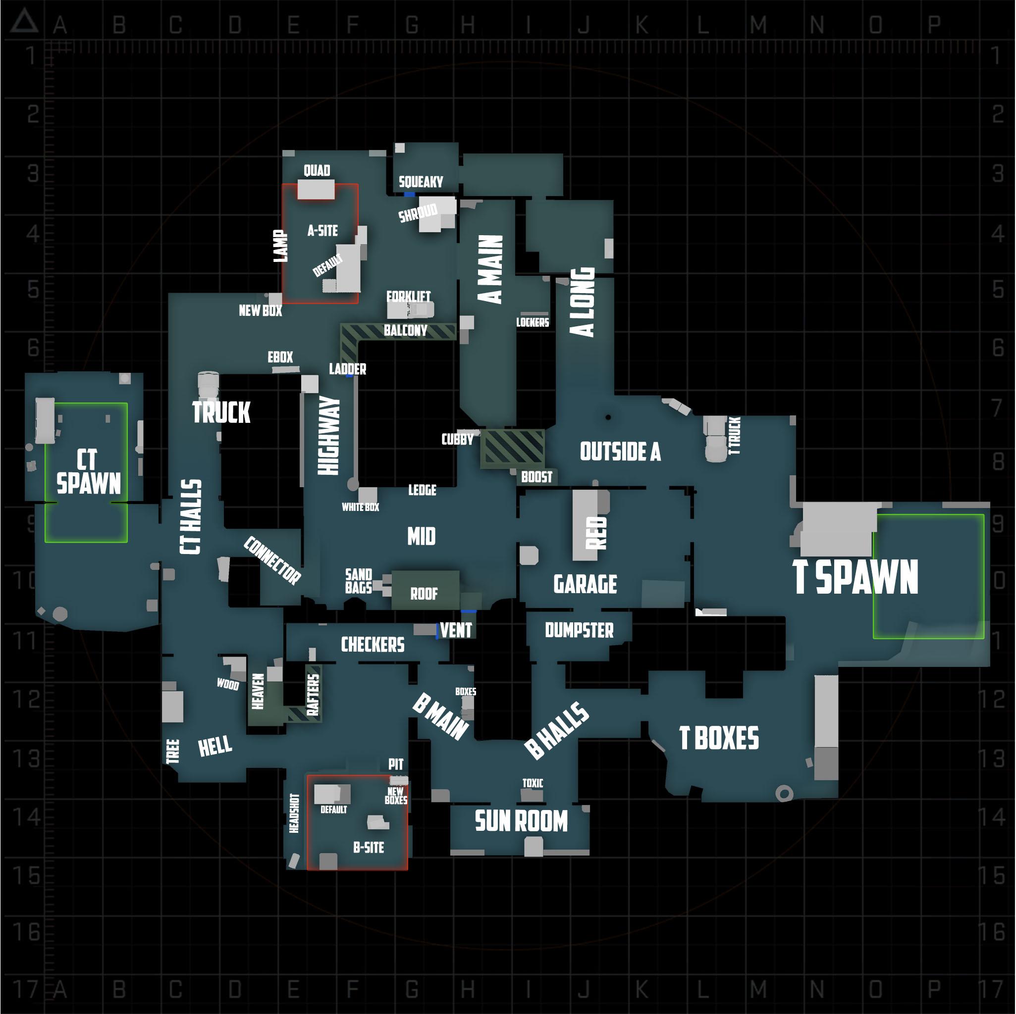 Cache CS2 radar map showing all callouts including A-Site, B-Site, Mid, Heaven, Quad, Highway, Truck, Garage, Sun Room, T Spawn and CT Spawn