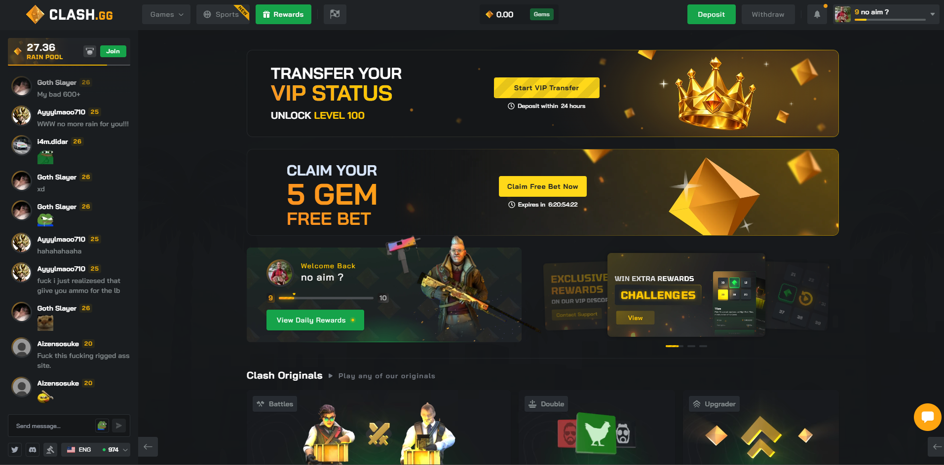 Clash.gg homepage with VIP Transfer and 5 gem free bet banners (October 2026)