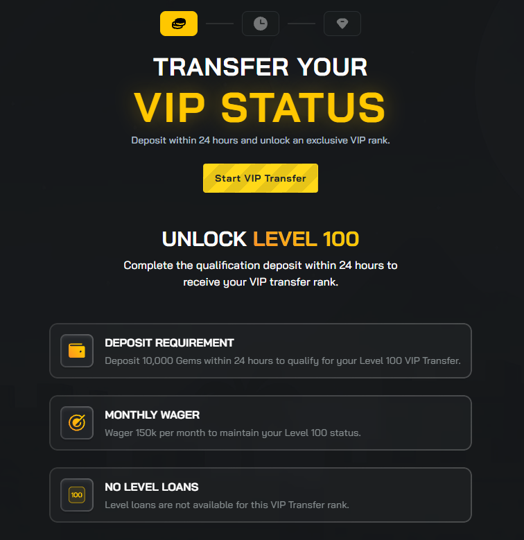 Clash.gg VIP Transfer page — unlock Level 100 (October 2026)