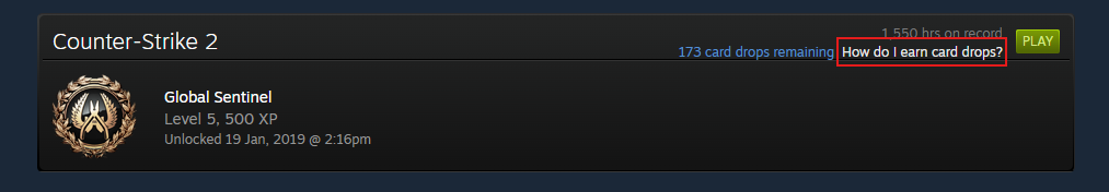 CS2 badge on Steam showing card drops remaining and the 'How do I earn card drops' link
