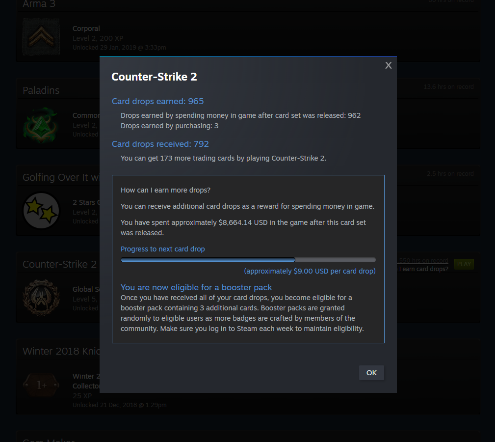 Steam popup showing total CS2 spending and card drops breakdown