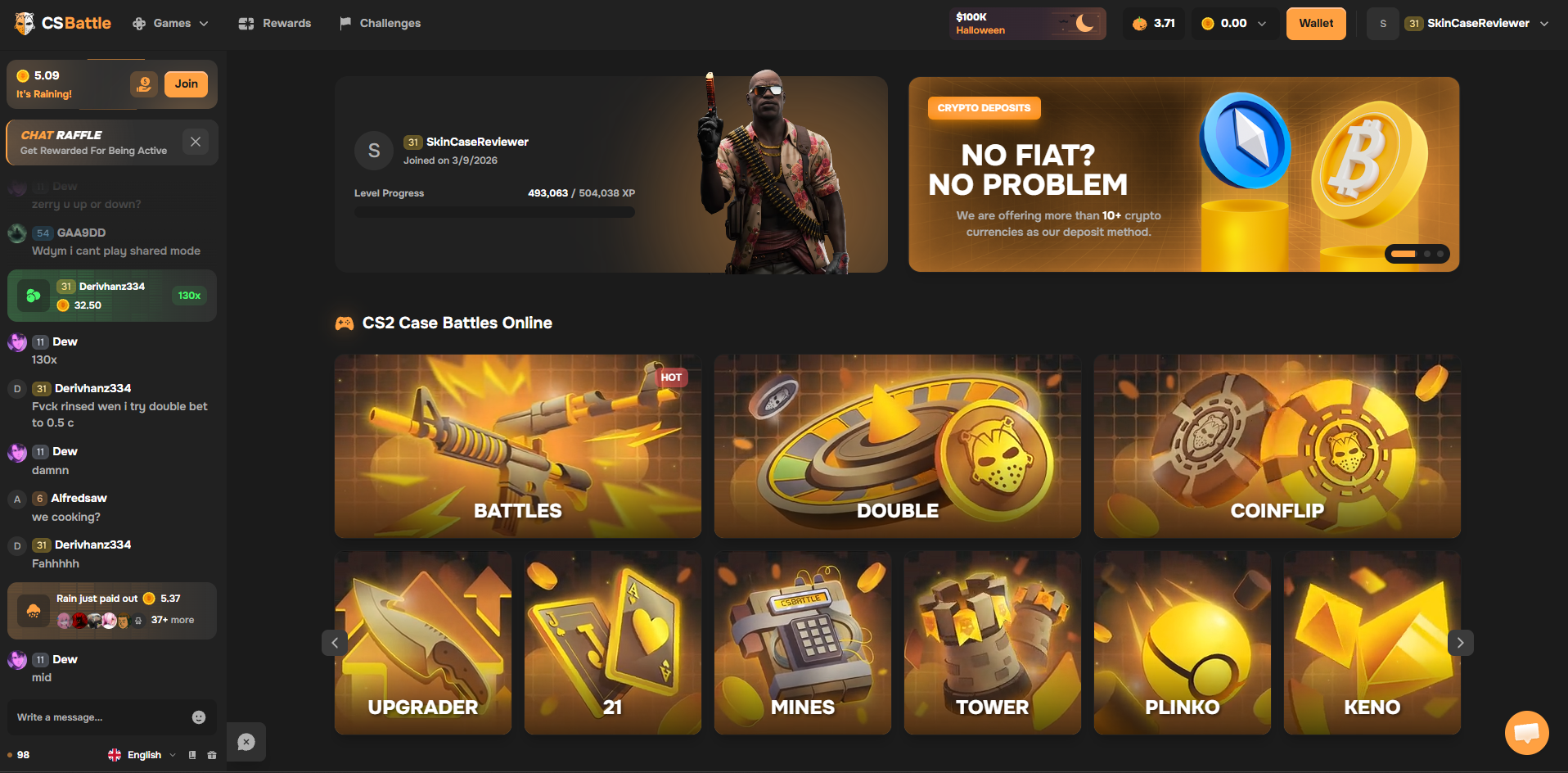 CSBattle homepage with all 10 game modes and the $100K Halloween event (October 2026)