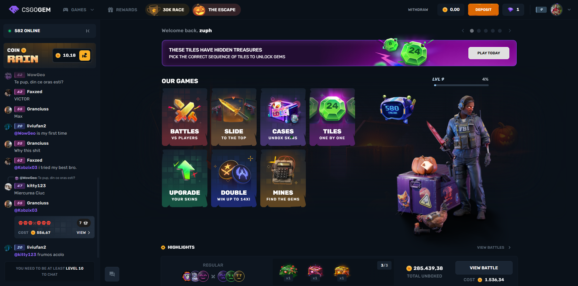 CSGOGEM homepage with 7 game modes and ~580 players online (October 2026)