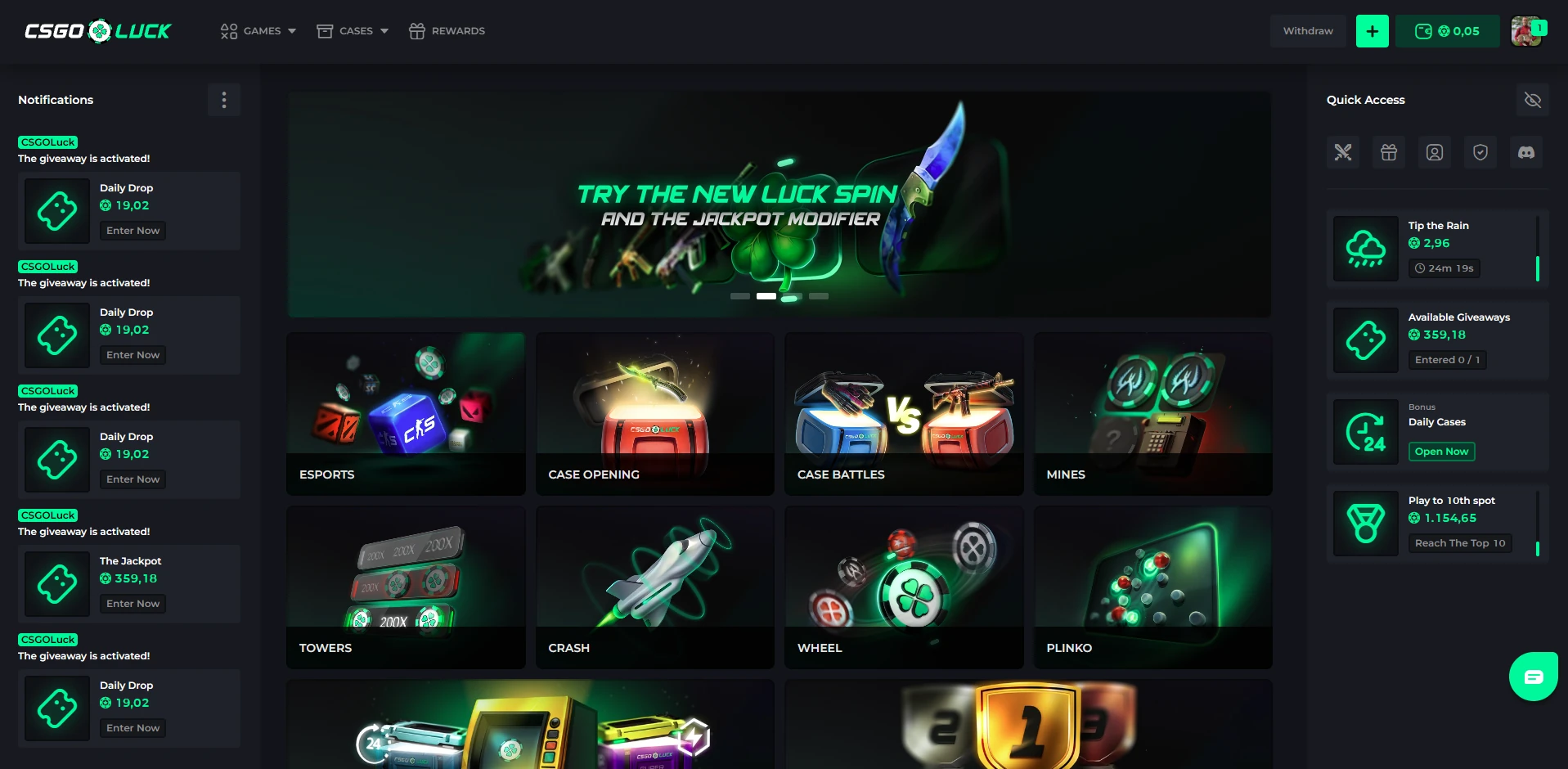 CSGOLuck homepage with esports, case opening, battles, mines, towers, crash, wheel and plinko
