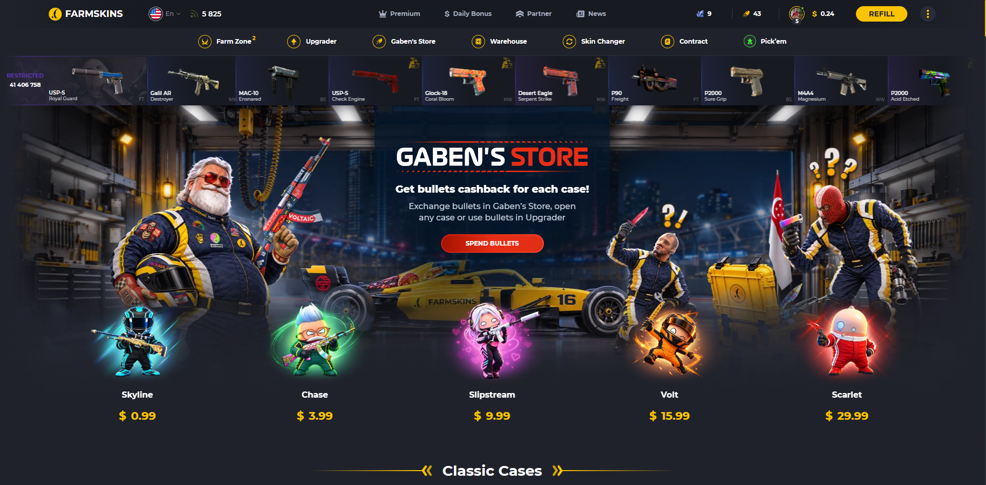 FarmSkins homepage with Gaben's Store bullet cashback (October 2026)