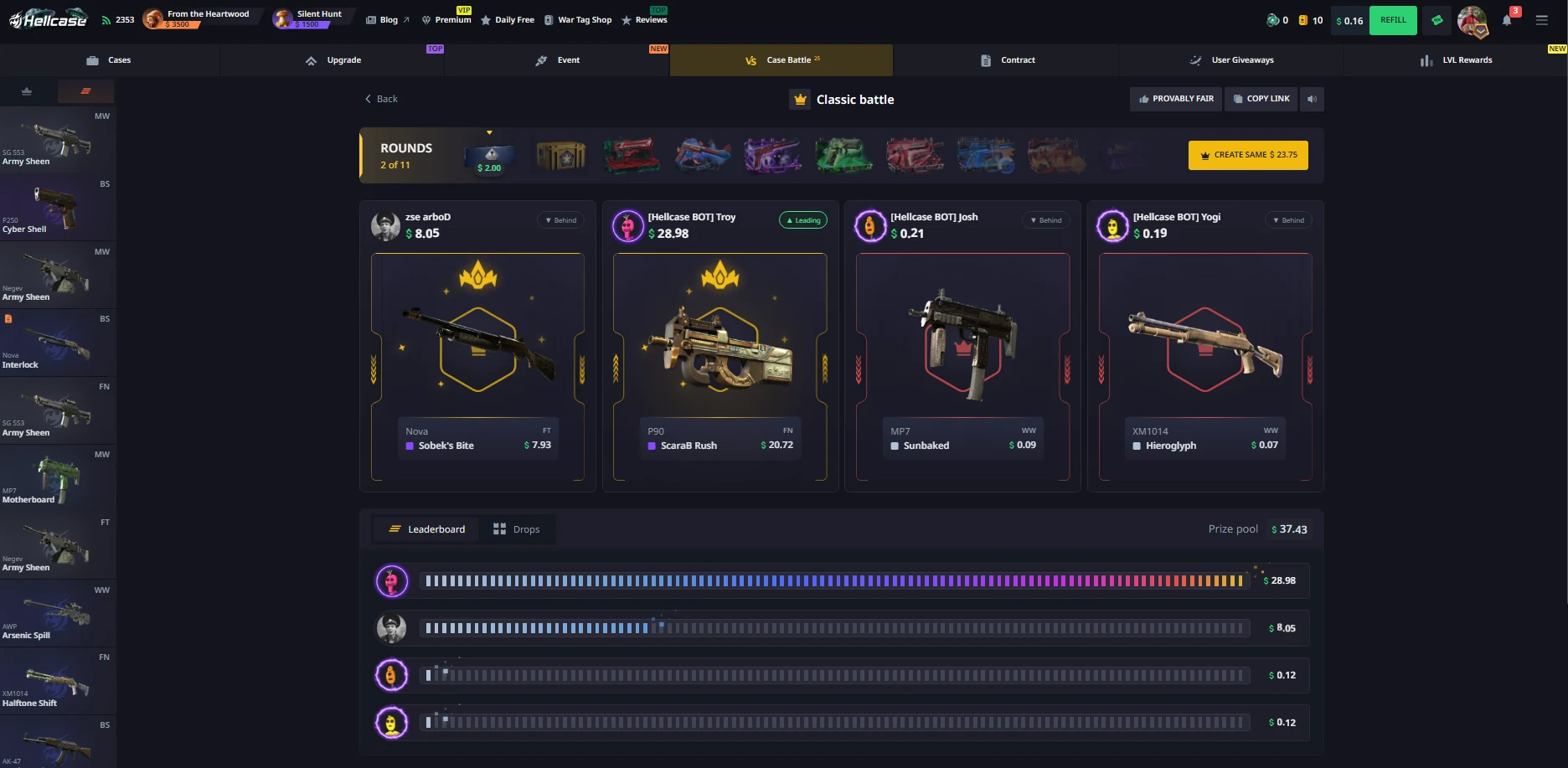 Hellcase classic case battle, round 2 of 11, one player against three Hellcase bots