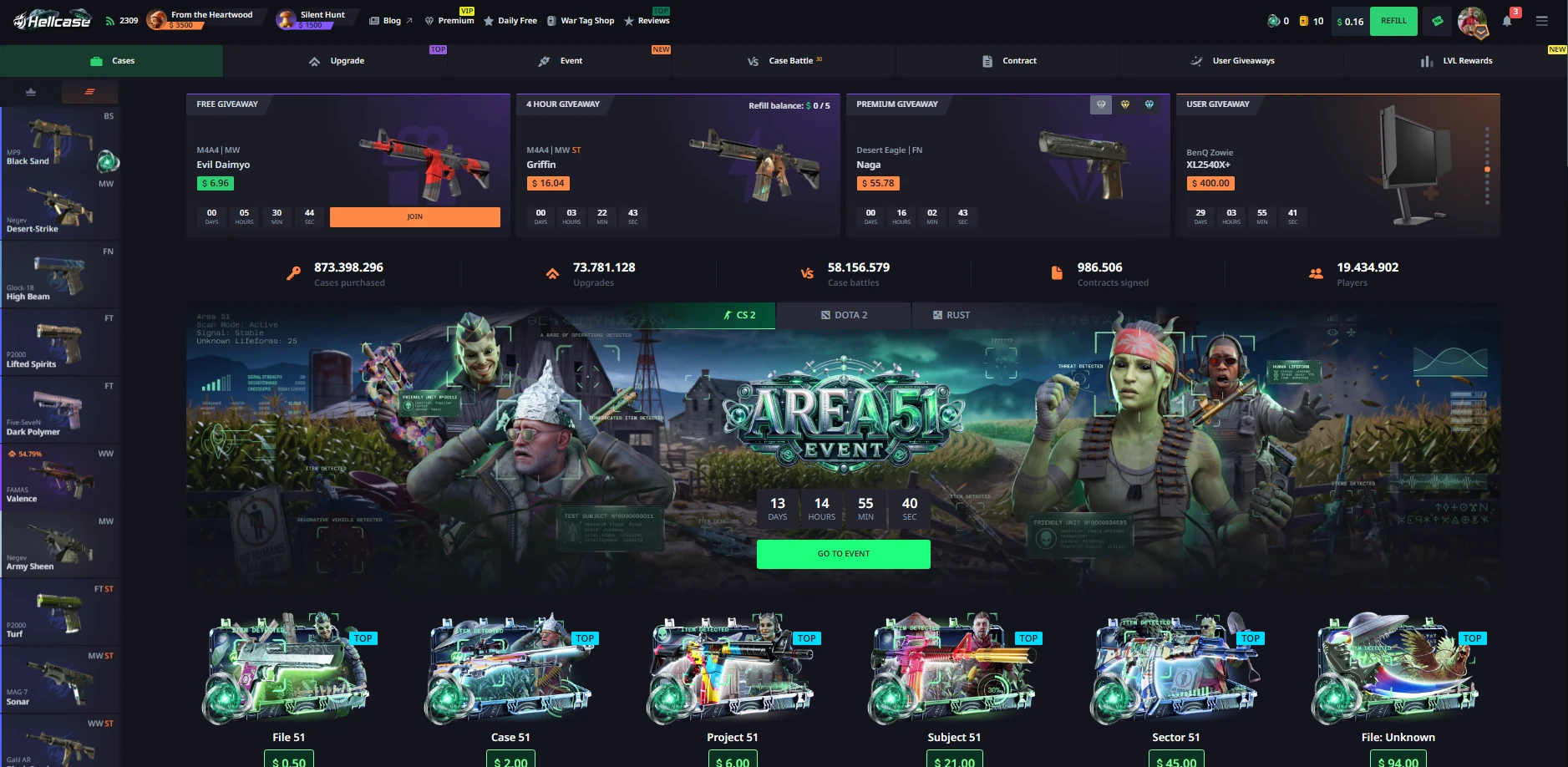 Hellcase homepage with free, 4-hour, Premium and user giveaways, live site stats and the Area 51 event