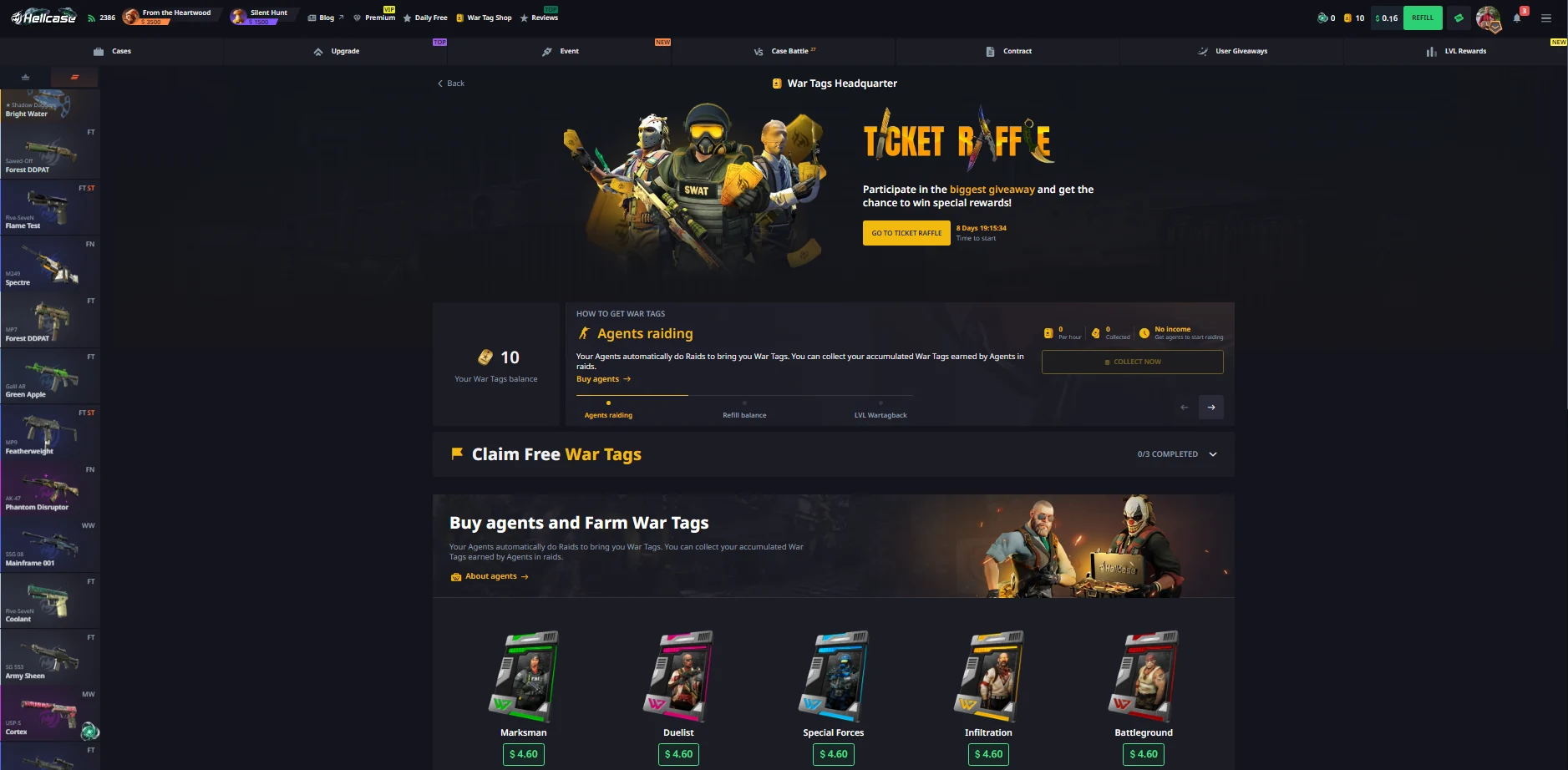 Hellcase War Tags Headquarters with Ticket Raffle, agents raiding and agent shop