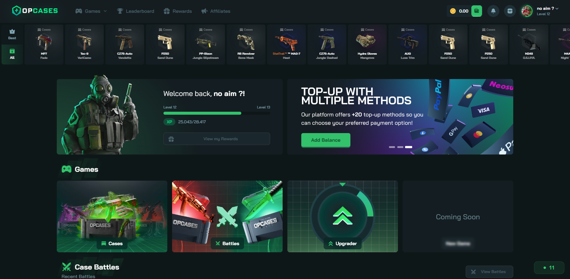 OPCases homepage with Cases, Battles and Upgrader (October 2026)