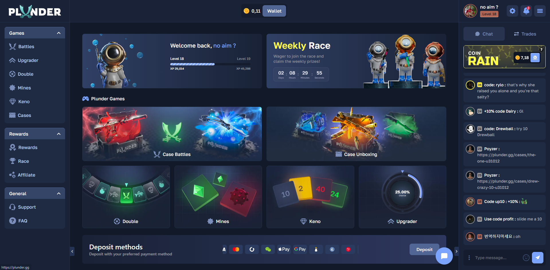 Plunder.gg homepage with game modes and 5K weekly race (October 2026)