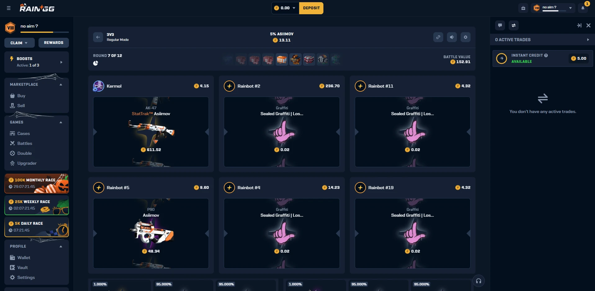 Rain.gg 3v3 case battle, round 7 of 12, one player against five Rainbots