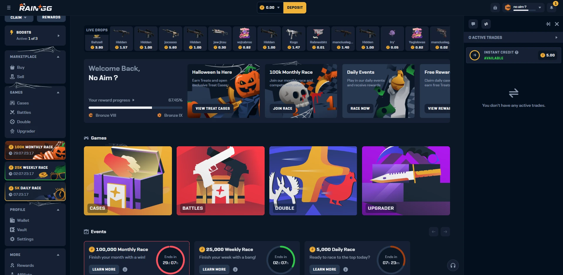 Rain.gg homepage with the four game modes, live drops and the 100K monthly, 25K weekly and 5K daily races