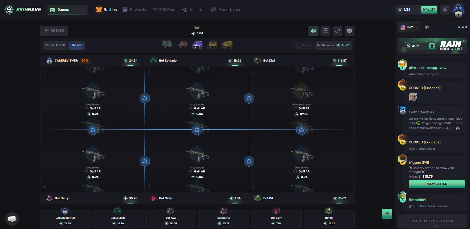 SkinRave case battle, round 8 of 11, six slots with bots filling the empty ones