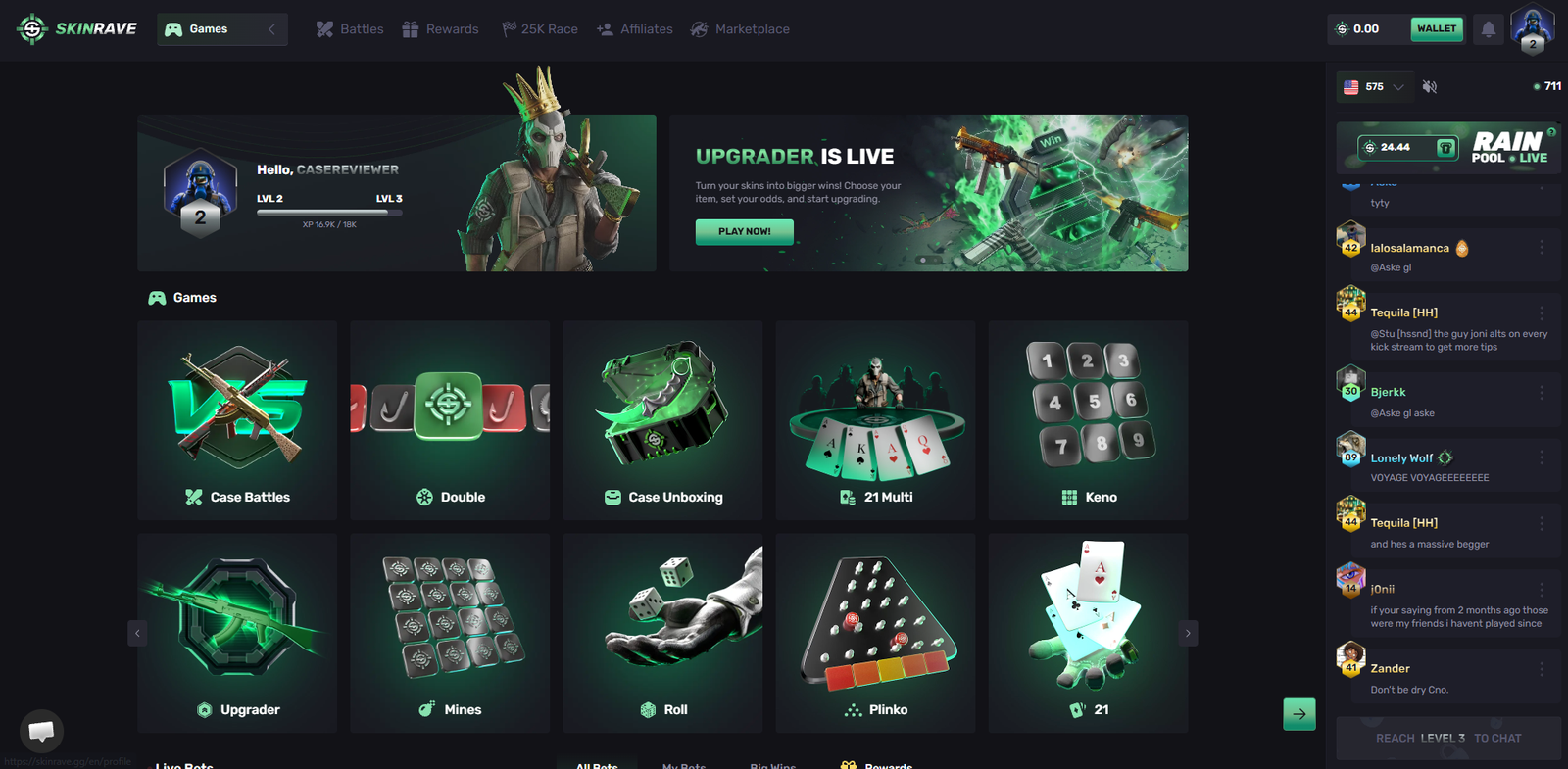 SkinRave homepage: game grid, level progress, live rain pool and chat