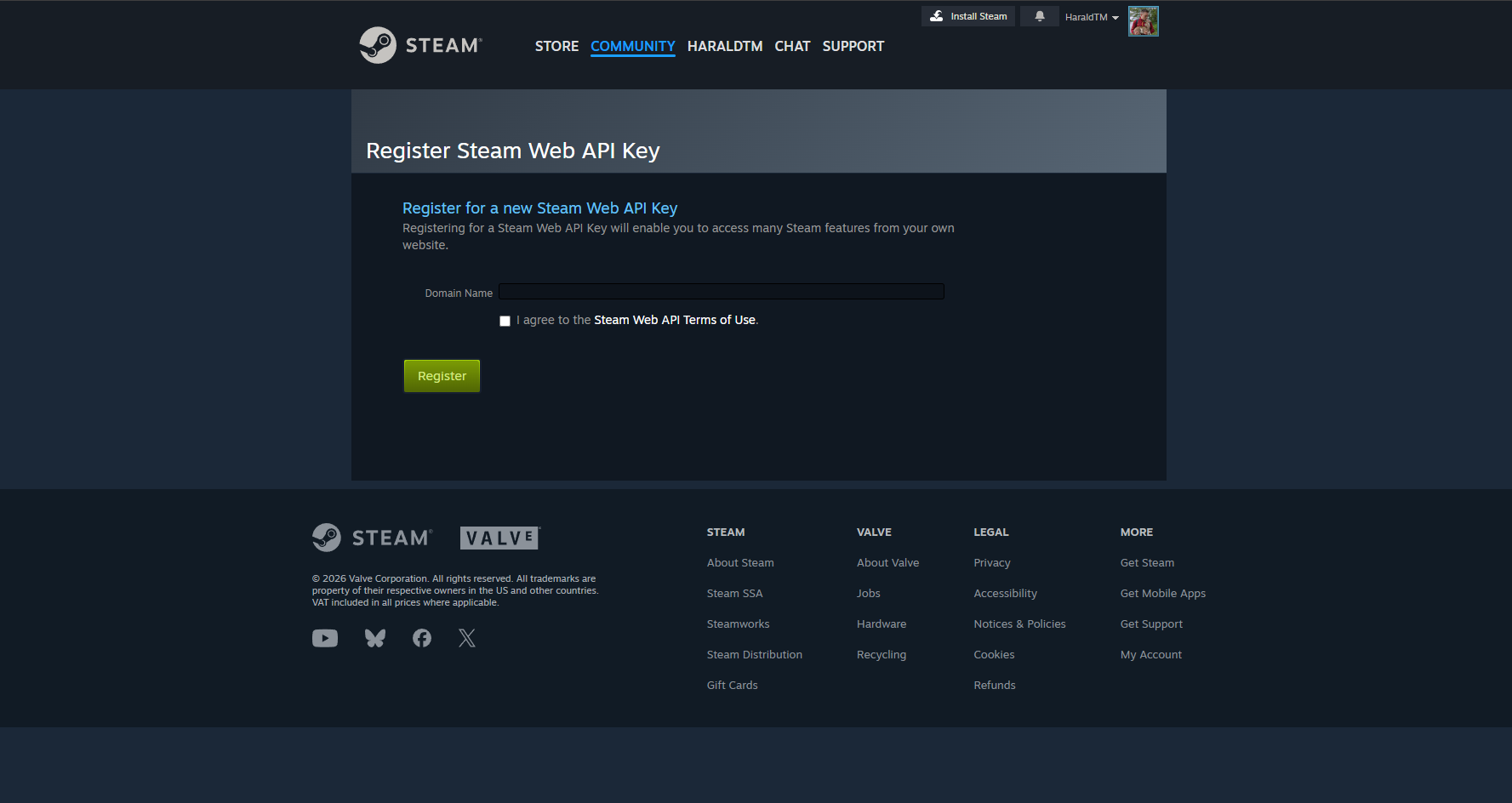 Steam API Key page showing no key registered