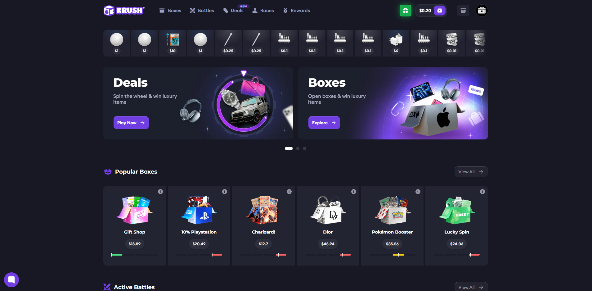 Krush.gg homepage showing the mystery box lineup