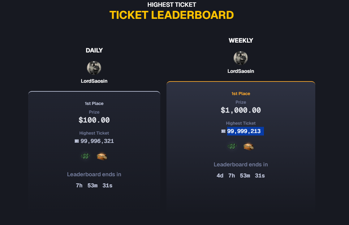 Lootbox Ticket Leaderboard showing daily $100 and weekly $1000 prizes for the highest ticket