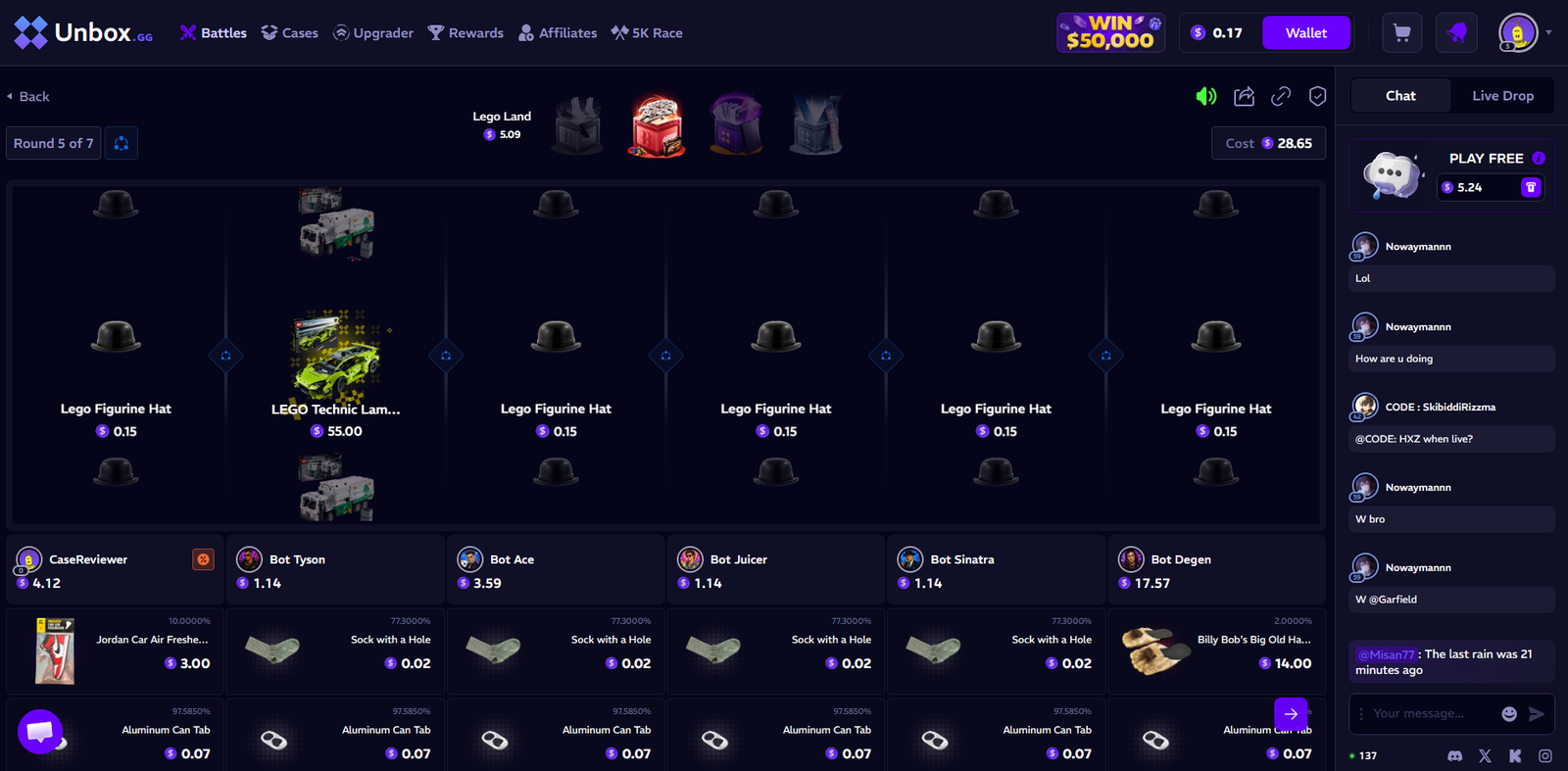 Unbox.gg live case battle, round 5 of 7, with real-item drops