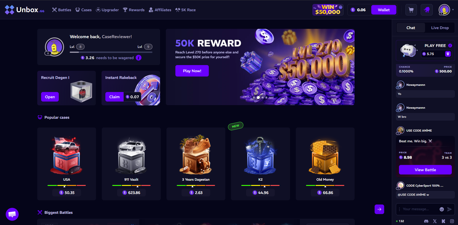 Unbox.gg homepage showing popular cases, instant rakeback and the $50,000 level reward
