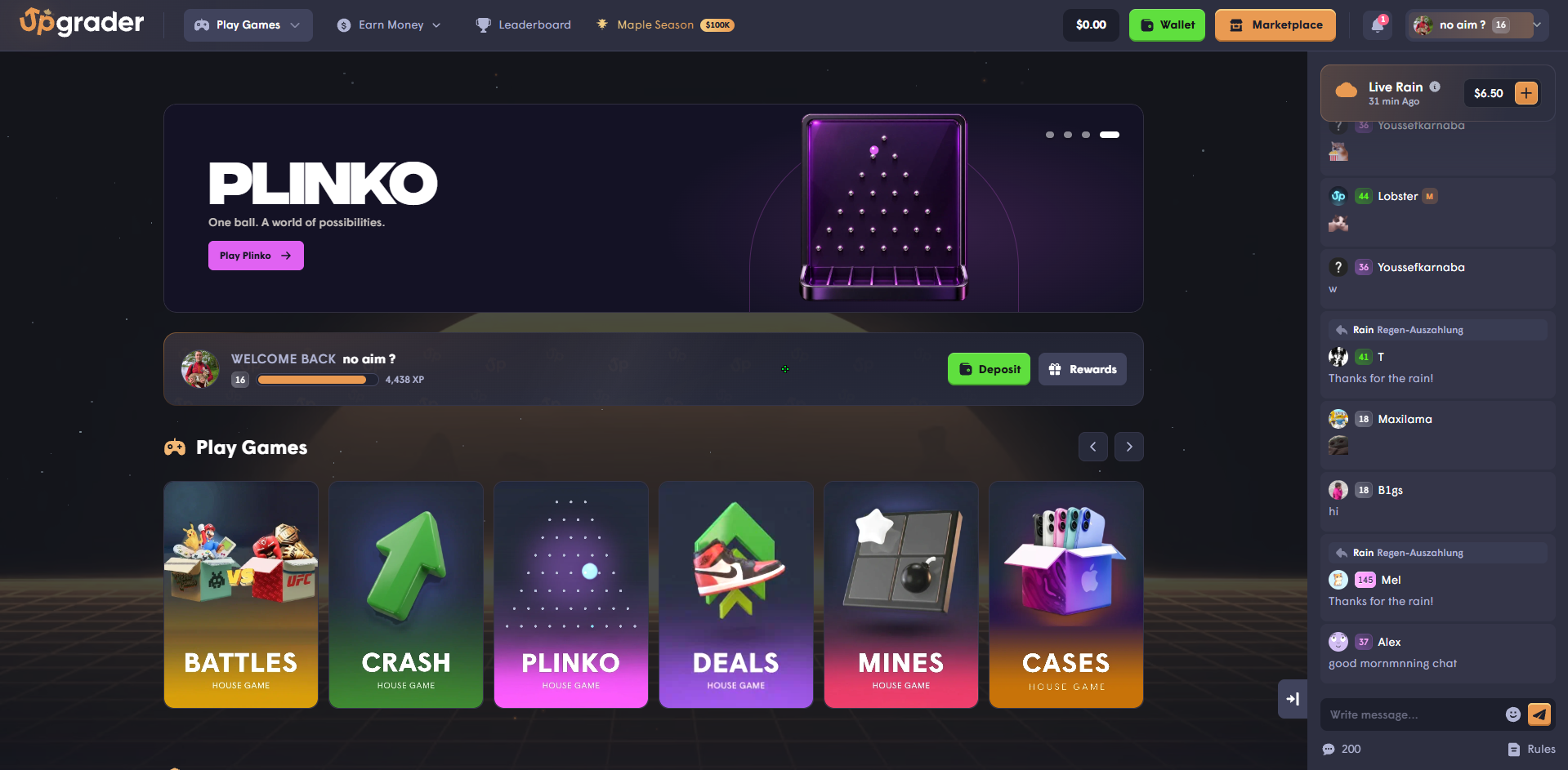 Upgrader.com homepage with Crash and Plinko (October 2026)