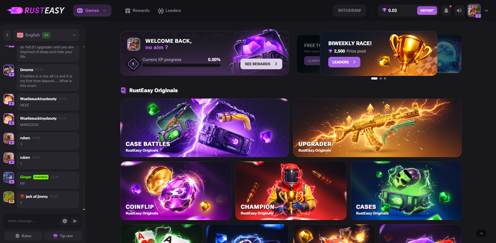 RustEasy Homepage with originals and biweekly race