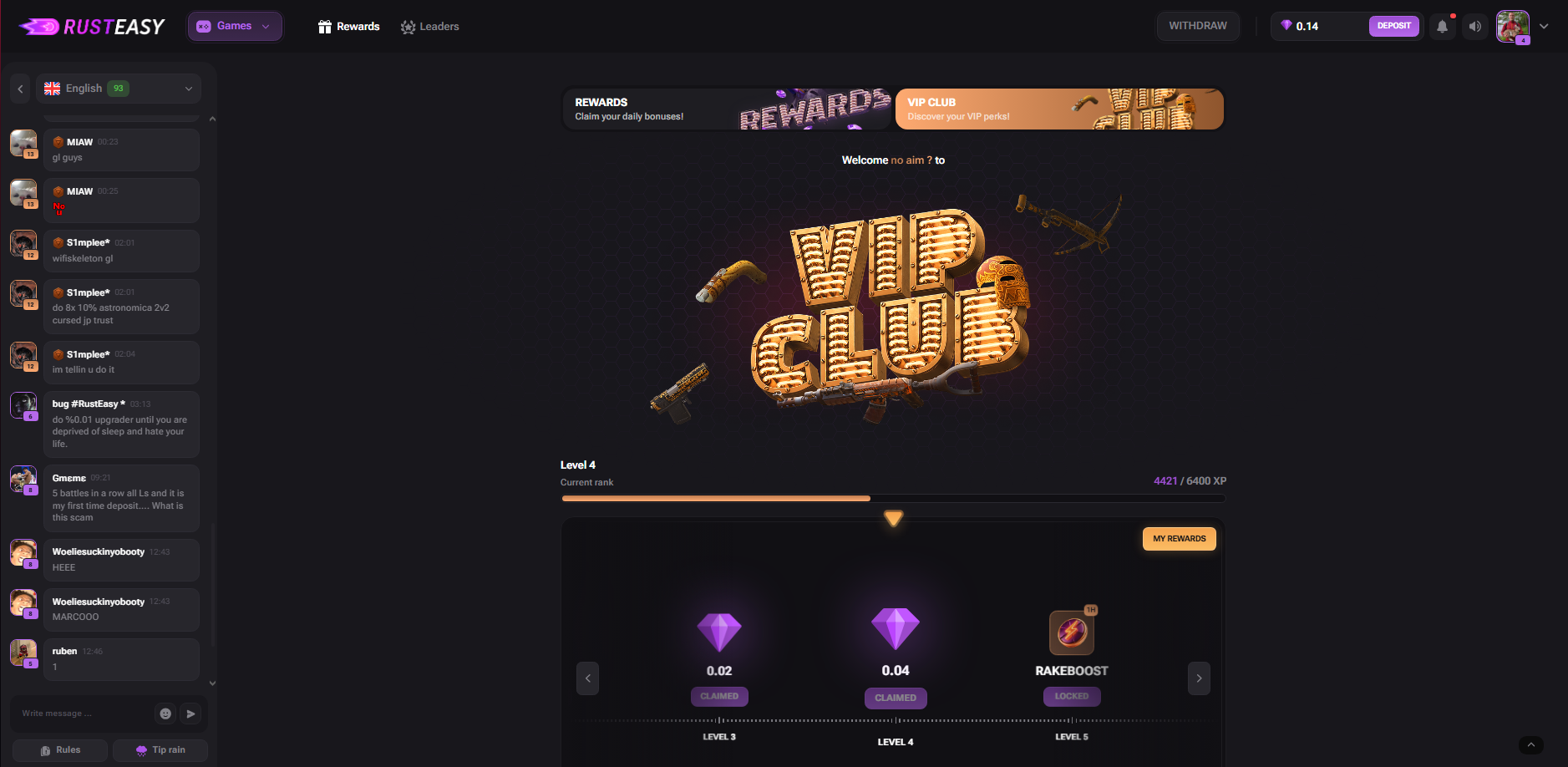RustEasy VIP Club battle-pass progression with level rewards, gem drops and rakeboost